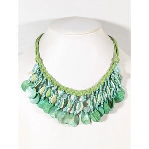 Beachy Boho Coastal Green Shell‎ Disc Charm Statement Necklace 18"